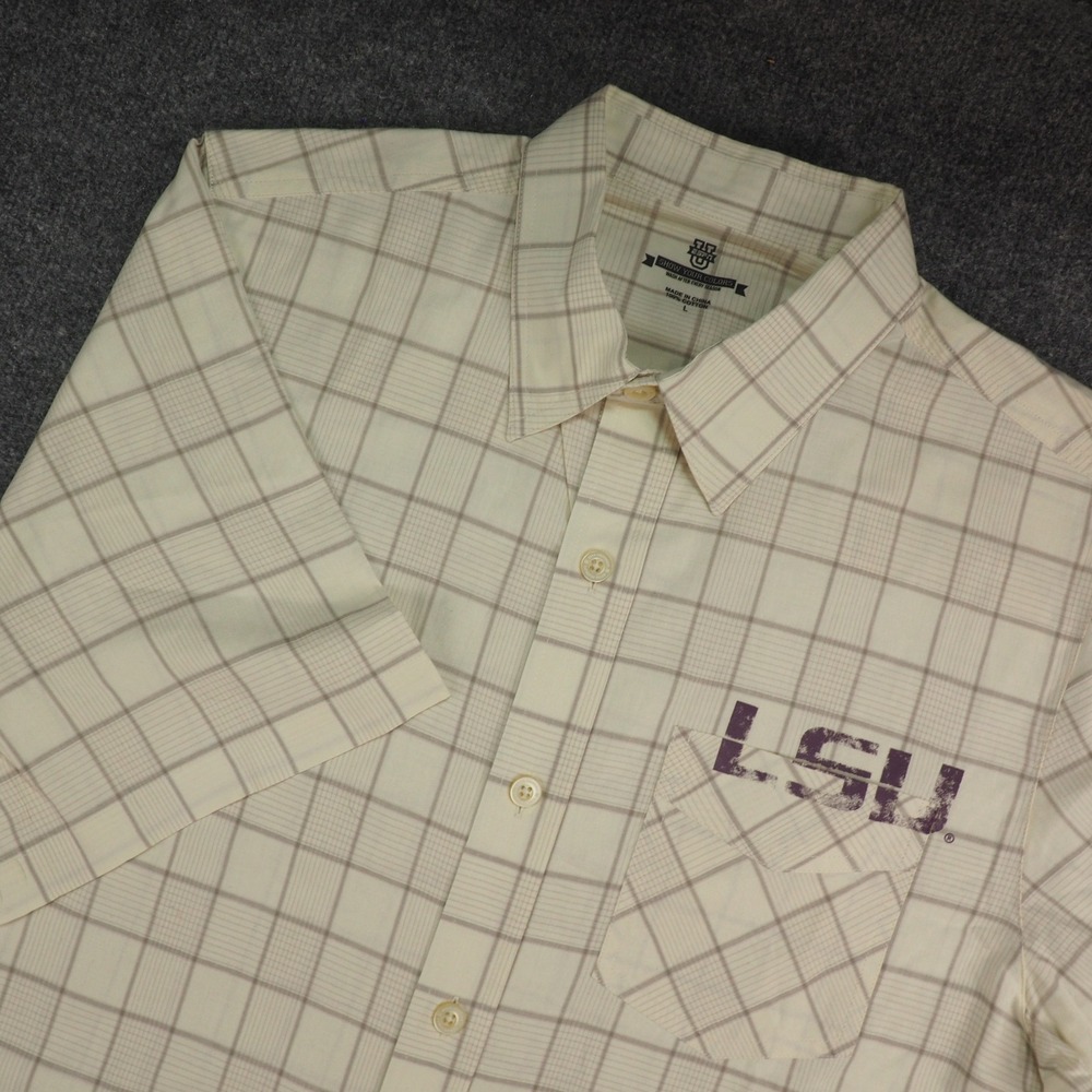 LSU Shirt Mens Large Button Up Cream Plaid Tigers Gameday Collegiate Geaux